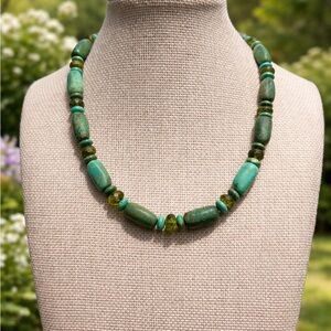 Artisan Turquoise & Faceted Peridot Gemstone Necklace – 16”
